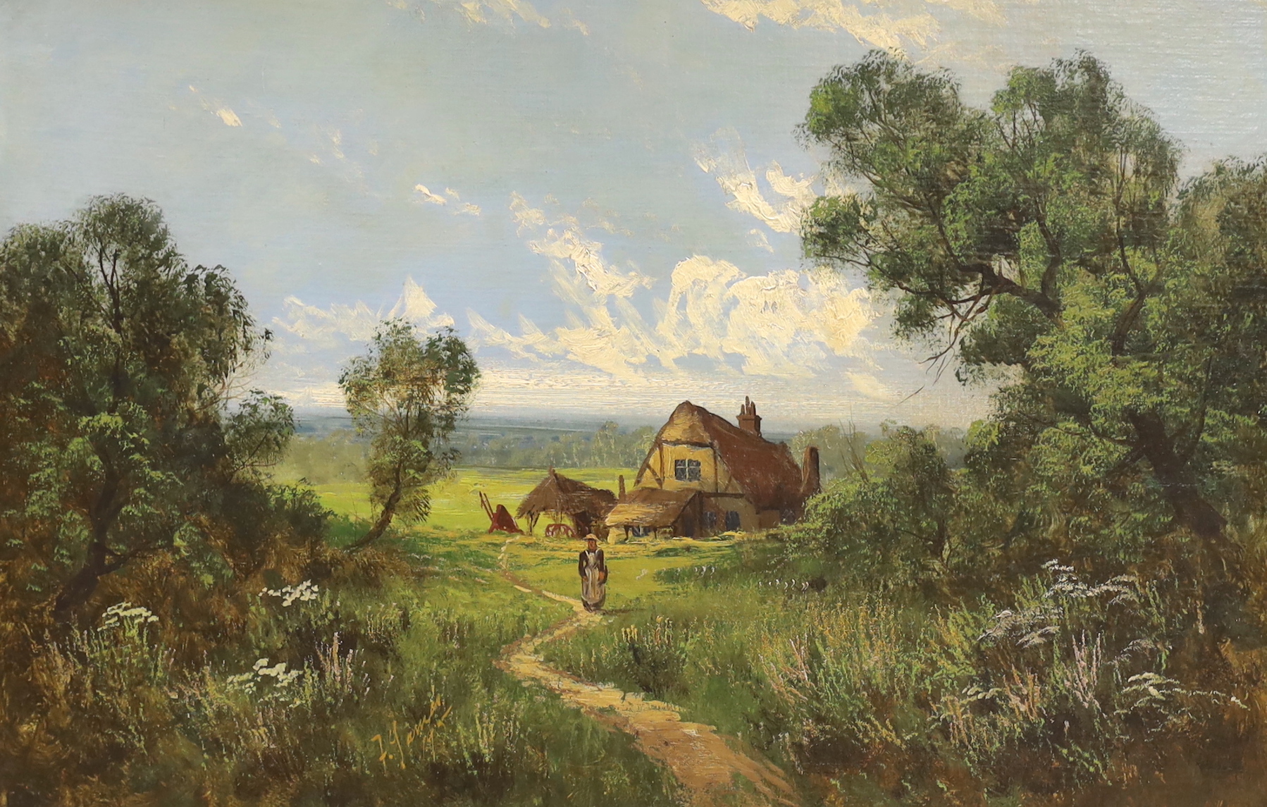 Oil on canvas, Rural landscape with a timbered cottage, unsigned, 50 x 75cm